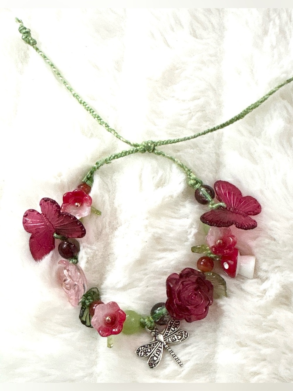 Handcrafted Cottage-core Adjustable Bracelet with Floral Beads and Dragonfly